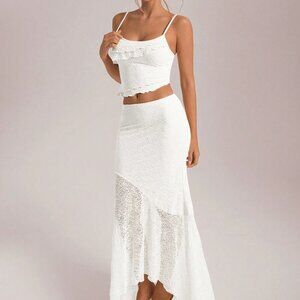 White Elegant Women's Lace Camisole Top & Ruffle Mermaid Skirt Set